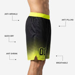 Back view of black custom basketball shorts with neon yellow halftone fade and sublimated team details across the seat and lower leg panels