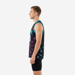 Size and spec chart for black and cyan custom basketball jersey available in youth and adult sizes