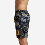 Opposite side view of black and charcoal camo basketball shorts with full-surface gold fracture pattern sublimated across both leg panels
