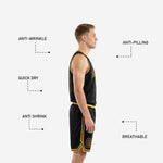 Back view of custom black basketball uniform showing player name and number placement on black jersey with gold contrast print