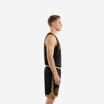 Men's custom black basketball uniform front view showing gold V-neck binding, arched team name, and front number 00 on solid black jersey