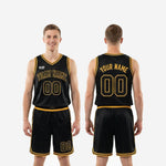Size and spec sheet for custom black and gold basketball uniform set covering youth and adult sizing options