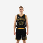 Custom black basketball uniform with gold arched team name and number on jersey, matching black and gold shorts, front and back view