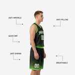 Close detail of neon green ray-burst sublimation and halftone dot fade on black basketball uniform jersey and shorts