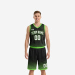 Black and green basketball uniforms with neon ray-burst jersey and halftone dot shorts, front view of full 2-piece set