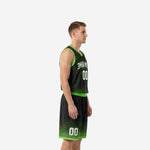 Side view of black and green basketball uniform set showing neon green V-neck binding and halftone dot pattern on shorts