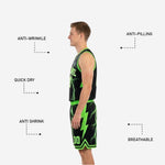 Back view of black and green reversible basketball jersey displaying player name and back number in neon green sublimated print