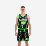 Black and green reversible basketball uniforms showing both sides of the lightning bolt sublimated jersey and matching shorts custom set