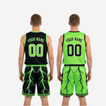 Size and specification sheet for black and green reversible basketball uniforms showing youth and adult sizing chart