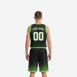 Back view of black and green sublimated basketball uniform showing back name and number placement on jersey