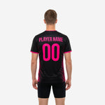 Back view of black soccer training jersey with hot pink player name and number 00 in full-dye sublimation print