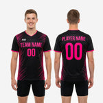 Front and back view of black soccer training jersey with hot pink team name, number, and diagonal stripe sublimation print