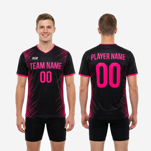 Front and back view of black soccer training jersey with hot pink team name, number, and diagonal stripe sublimation print