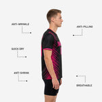 Side view of black and hot pink custom soccer training jersey showing anti-wrinkle, quick-dry, anti-pilling and breathable fabric callouts