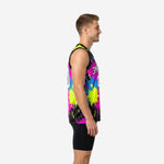 Back view of wholesale custom basketball jerseys in black with neon paint splash design showing back number and player name print zone