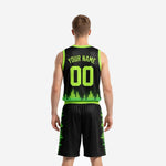 Reverse side view of custom neon green basketball uniform set showing shorts side panel graphic detail