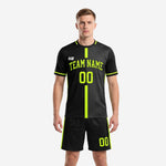 Custom black and neon green soccer uniform front view, top soccer uniforms by K2 Sportswear