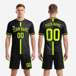 Complete black and neon green soccer uniform set, jersey and shorts with custom numbers