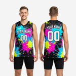 Opposite side view of black neon paint splash custom basketball jerseys for leagues and club squads showing full sublimation pattern