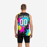 Side view of black and neon lightweight basketball jersey showing sleeveless cut V-neck collar and athletic tuck-in length with side vents