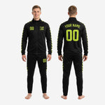 Detail view of neon yellow chevron print on black soccer tracksuit confirming full-dye sublimation color sharpness
