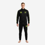 Black and neon yellow custom soccer tracksuit full front view showing team name and number print on chest and thigh