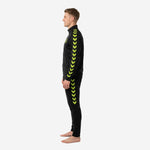 Custom black and gold soccer tracksuit right side profile view displaying chevron stripe detail running shoulder to ankle