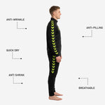 Custom soccer tracksuit tapered black pants with neon yellow chevron leg stripe and ribbed ankle cuff
