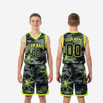 Size and specification sheet for custom black and neon youth basketball uniform sets in full youth sizing range
