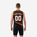 Size and spec chart for custom black and orange sublimated basketball jerseys showing youth and adult size measurements