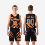 Youth basketball uniform size and specification chart for black and orange claw-print jersey and shorts set