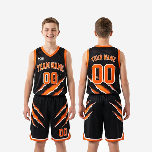Youth basketball uniform size and specification chart for black and orange claw-print jersey and shorts set