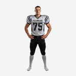 Custom football uniforms with logo showing white jersey with black shoulder panels and matching black pants, front and back view