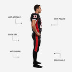 Back view of black and red custom football jersey and pants showing back number placement and matching red pant stripe