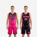 Close detail of the sublimated lightning bolt pattern on the black side of the reversible basketball jersey with pink trim at the V-neck