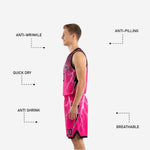 Back view of black reversible basketball uniforms showing back number placement and full lightning bolt sublimation across the jersey