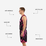 Size and spec sheet for black reversible basketball uniforms showing youth and adult sizing options