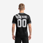Back view of black silver custom sublimation soccer shirt with player name and number zones