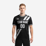 Men's black and silver custom sublimation soccer shirt front view with team name and number print