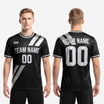 Sleeve cuff detail showing silver and white contrast trim on black custom sublimation soccer shirt