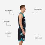 Back view of black side reversible basketball jersey showing player name and number placement