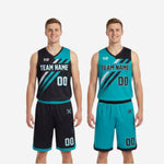 Close detail of sublimated diagonal stripe pattern on black and teal reversible basketball uniform jersey