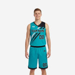 Front view of custom black and teal reversible basketball uniform with diagonal teal and silver stripe and team name on chest