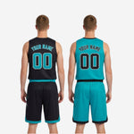 Size and spec sheet for custom black and teal reversible basketball uniforms showing youth and adult size run