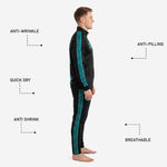 Side panel detail of black and teal soccer tracksuit pants showing tapered leg cut and teal geometric stripe
