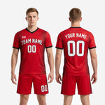 Back view of men's custom red soccer uniform showing player surname and back number print zones