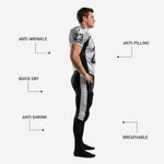 Close detail of sublimated football uniform set showing V-neck collar, shoulder panel seam, and buckle-style belt closure on black pants