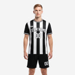 Custom black and white pinstripe soccer kit front view with team name and number