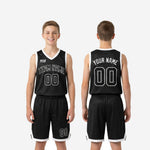 Size and specification sheet for custom black youth basketball uniforms showing full youth size run for roster ordering