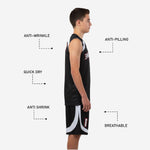 Back view of black youth basketball uniform set showing back number and player name placement on sublimated black jersey